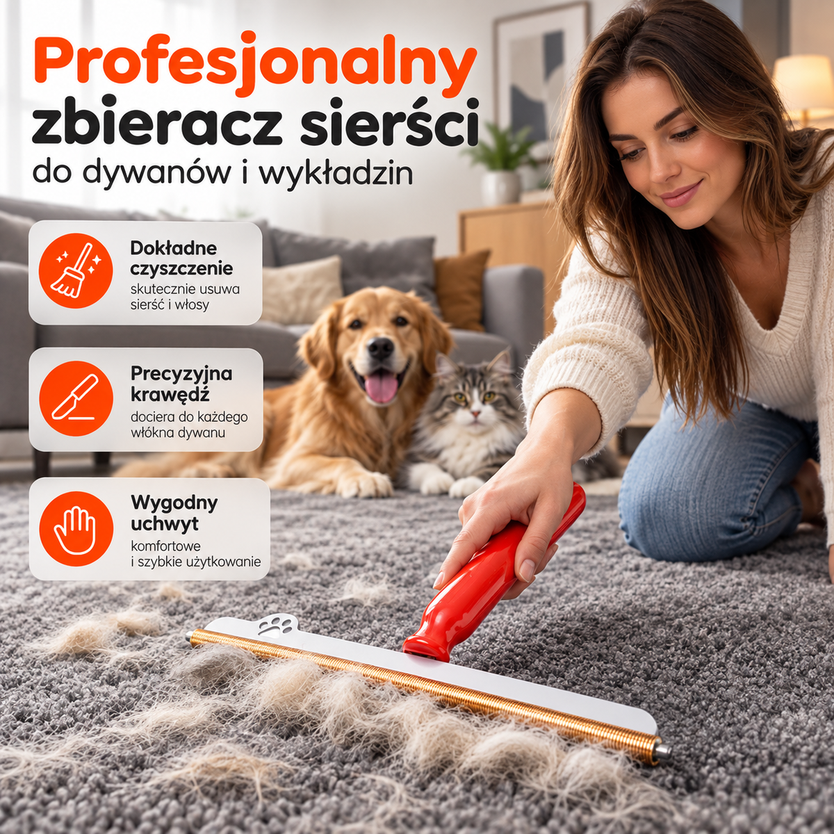 Zgarniak™ | Przyrząd do usuwania sierści z dywanu
